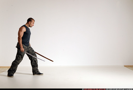 Man Adult Athletic White Fighting with sword Moving poses Casual