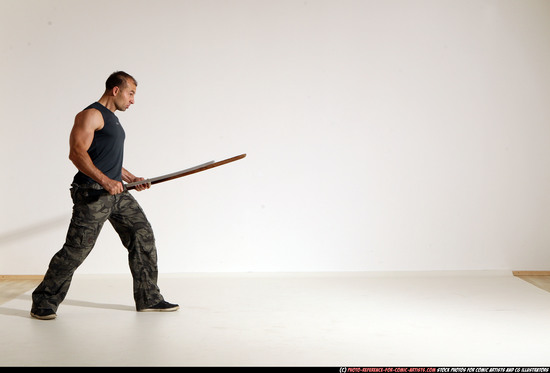 Man Adult Athletic White Fighting with sword Moving poses Casual