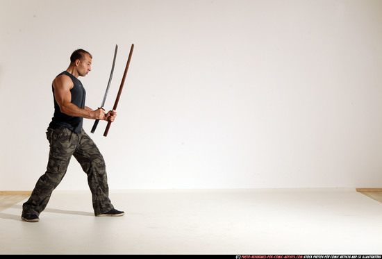 Man Adult Athletic White Fighting with sword Moving poses Casual