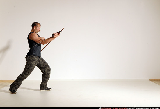 Man Adult Athletic White Fighting with sword Moving poses Casual