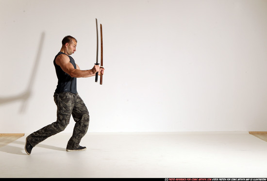 Man Adult Athletic White Fighting with sword Moving poses Casual