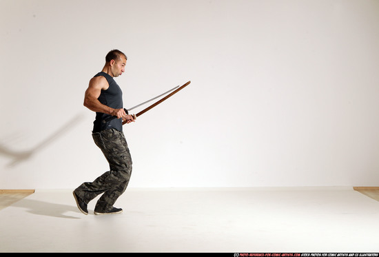 Man Adult Athletic White Fighting with sword Moving poses Casual