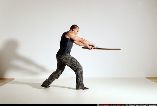 Man Adult Athletic White Fighting with sword Moving poses Casual