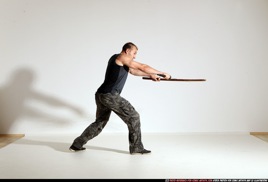 Man Adult Athletic White Fighting with sword Moving poses Casual