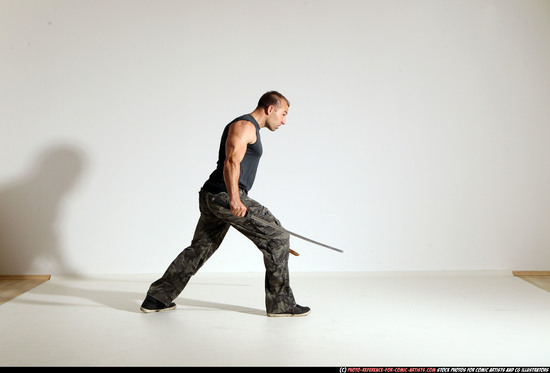 Man Adult Athletic White Fighting with sword Moving poses Casual