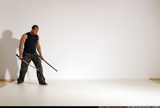 Man Adult Athletic White Fighting with sword Moving poses Casual