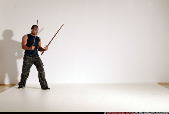 Man Adult Athletic White Fighting with sword Moving poses Casual