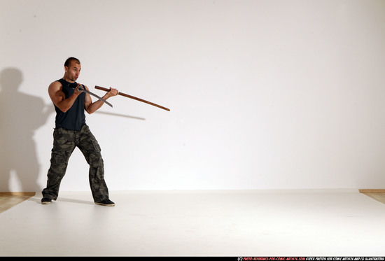 Man Adult Athletic White Fighting with sword Moving poses Casual