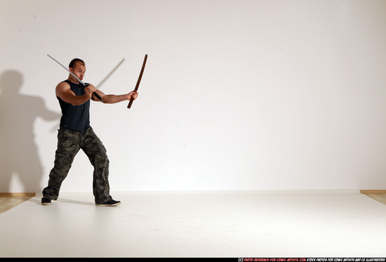 Man Adult Athletic White Fighting with sword Moving poses Casual