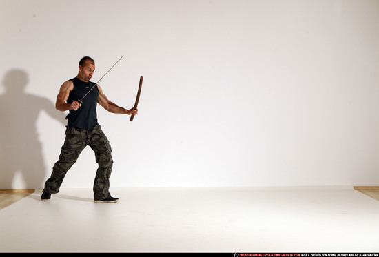 Man Adult Athletic White Fighting with sword Moving poses Casual