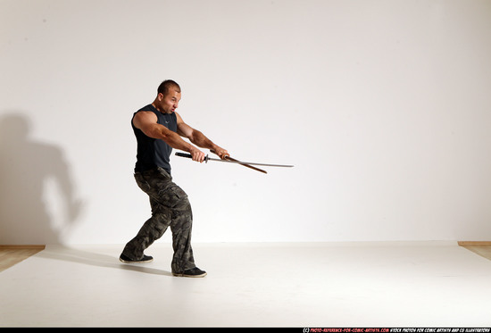 Man Adult Athletic White Fighting with sword Moving poses Casual