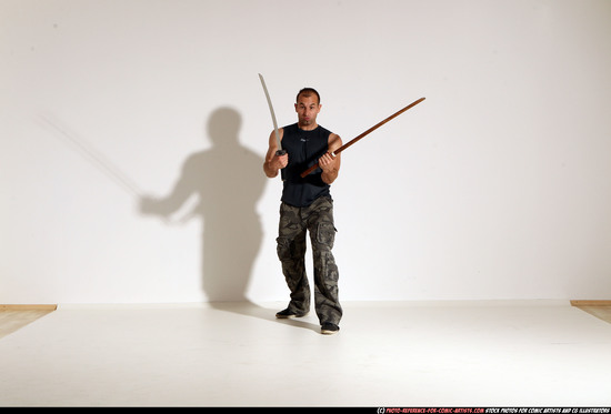 Man Adult Athletic White Fighting with sword Moving poses Casual