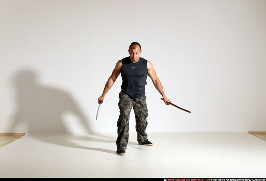 Man Adult Athletic White Fighting with sword Moving poses Casual