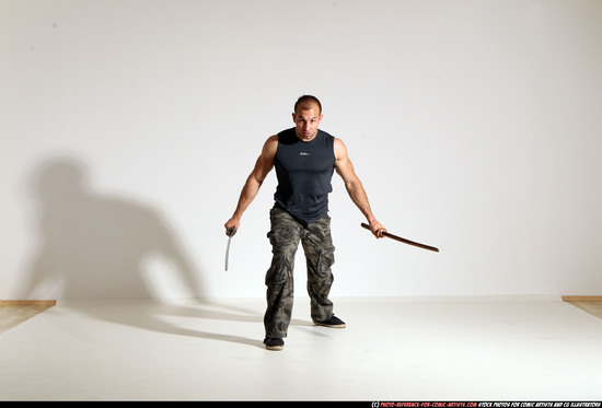 Man Adult Athletic White Fighting with sword Moving poses Casual