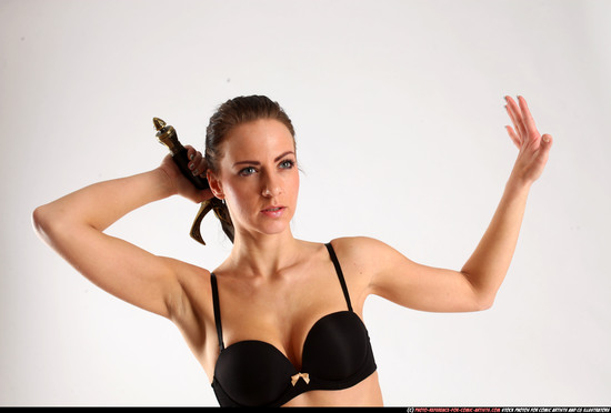 Woman Young Athletic White Fighting with sword Standing poses Underwear