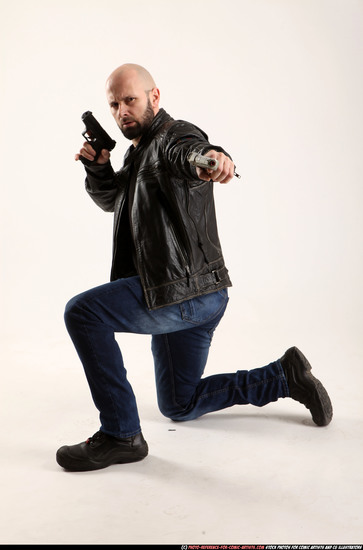 Man Adult Athletic White Fighting with gun Kneeling poses Casual