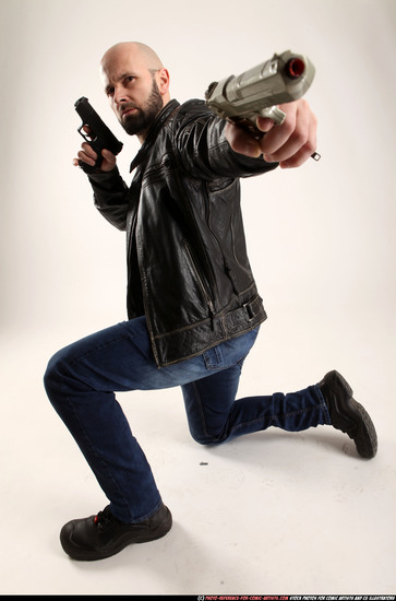 Man Adult Athletic White Fighting with gun Kneeling poses Casual