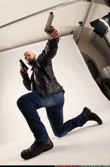 Man Adult Athletic White Fighting with gun Kneeling poses Casual