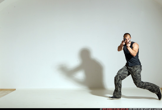 Man Adult Athletic White Fighting with gun Moving poses Casual