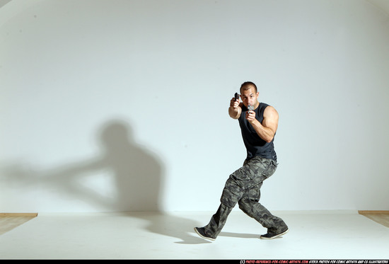 Man Adult Athletic White Fighting with gun Moving poses Casual