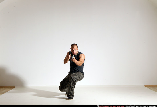 Man Adult Athletic White Fighting with gun Moving poses Casual