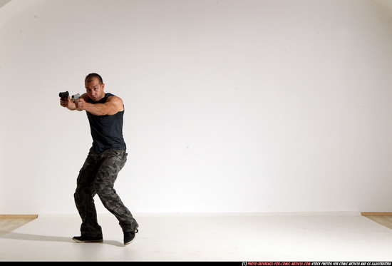 Man Adult Athletic White Fighting with gun Moving poses Casual