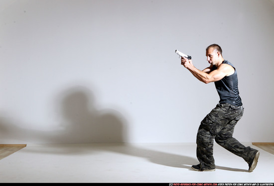 Man Adult Athletic White Fighting with gun Moving poses Casual