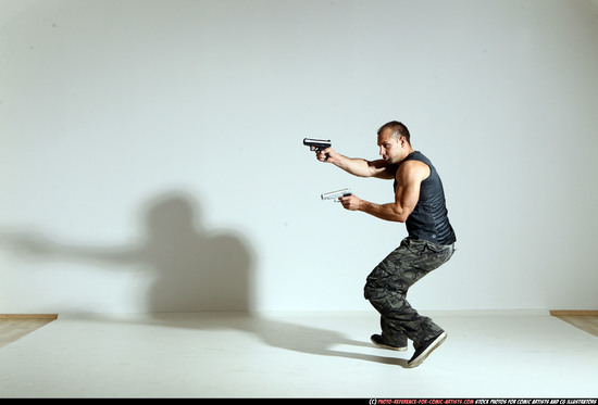 Man Adult Athletic White Fighting with gun Moving poses Casual