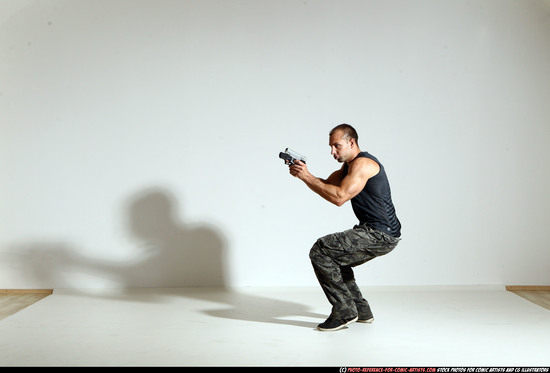 Man Adult Athletic White Fighting with gun Moving poses Casual