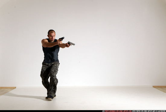 Man Adult Athletic White Fighting with gun Moving poses Casual