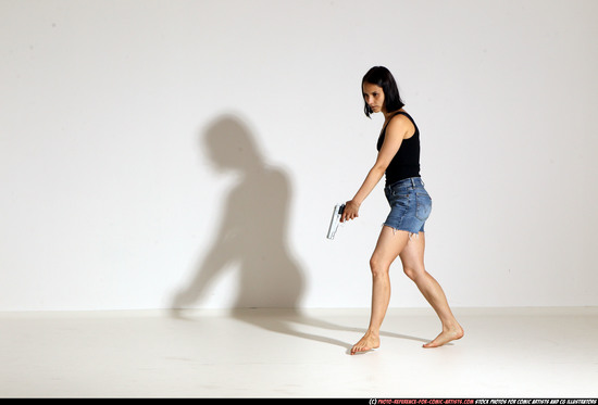 Woman Young Athletic White Fighting with gun Moving poses Casual