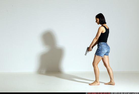 Woman Young Athletic White Fighting with gun Moving poses Casual