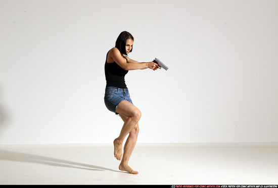 Woman Young Athletic White Fighting with gun Moving poses Casual