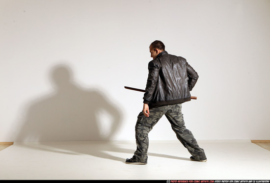 Man Adult Athletic White Fighting with sword Moving poses Casual