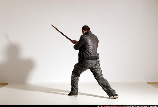 Man Adult Athletic White Fighting with sword Moving poses Casual