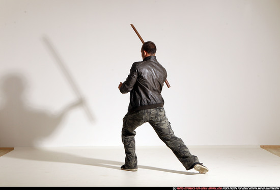 Man Adult Athletic White Fighting with sword Moving poses Casual