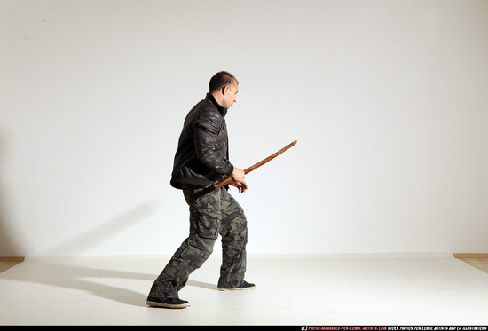 Man Adult Athletic White Fighting with sword Moving poses Casual