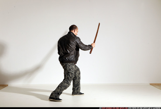 Man Adult Athletic White Fighting with sword Moving poses Casual