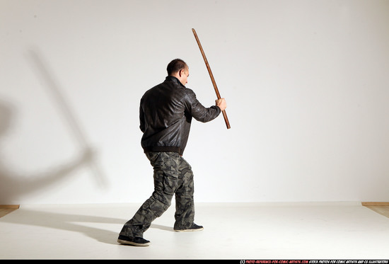 Man Adult Athletic White Fighting with sword Moving poses Casual