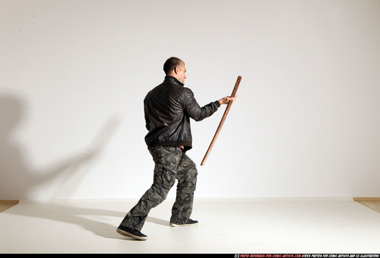 Man Adult Athletic White Fighting with sword Moving poses Casual