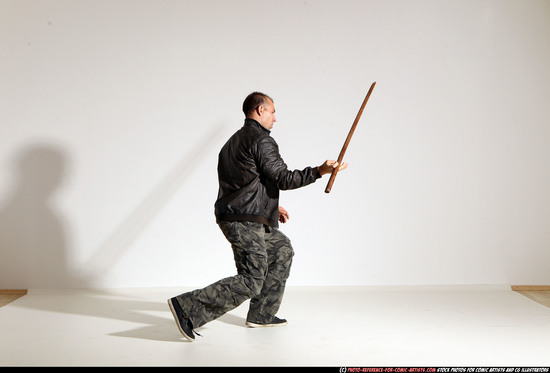 Man Adult Athletic White Fighting with sword Moving poses Casual