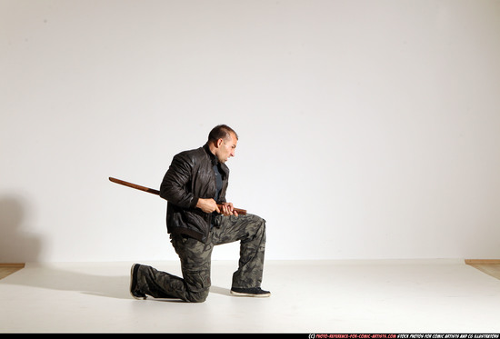 Man Adult Athletic White Fighting with sword Moving poses Casual