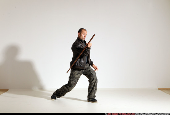 Man Adult Athletic White Fighting with sword Moving poses Casual