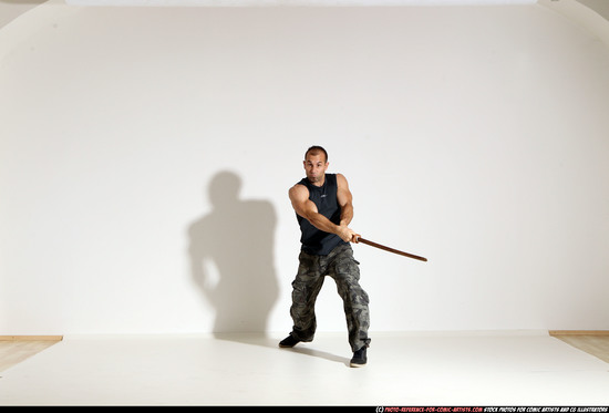 Man Adult Athletic White Fighting with sword Moving poses Army