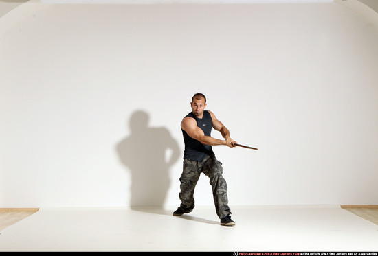 Man Adult Athletic White Fighting with sword Moving poses Army