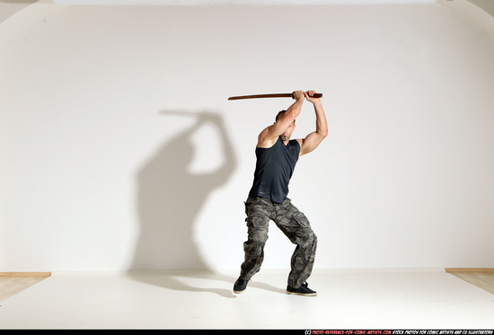 Man Adult Athletic White Fighting with sword Moving poses Army