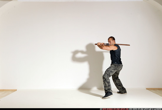 Man Adult Athletic White Fighting with sword Moving poses Army