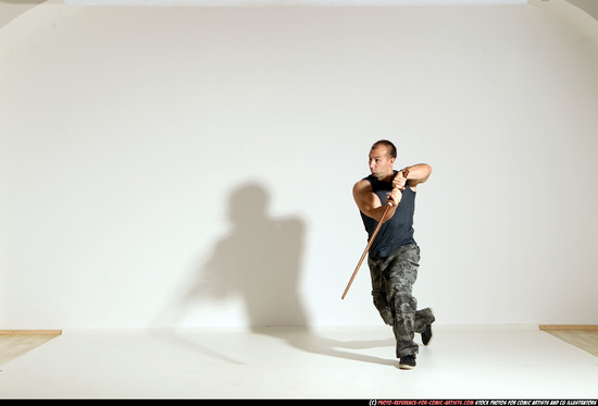 Man Adult Athletic White Fighting with sword Moving poses Army