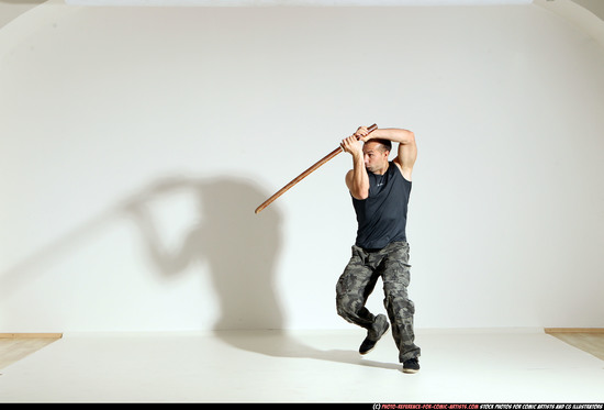 Man Adult Athletic White Fighting with sword Moving poses Army