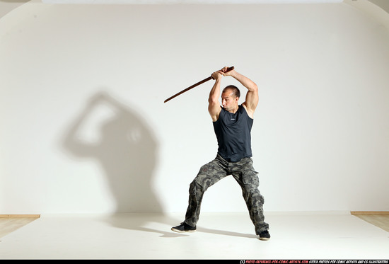 Man Adult Athletic White Fighting with sword Moving poses Army